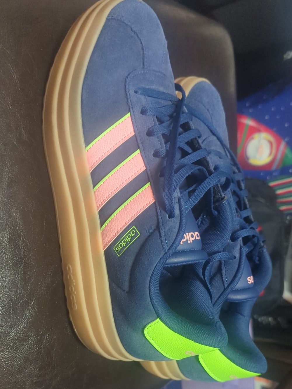 adidas Women's Size 9Navy Blue Sneakers with Pink Stripes and Neon Green Accents